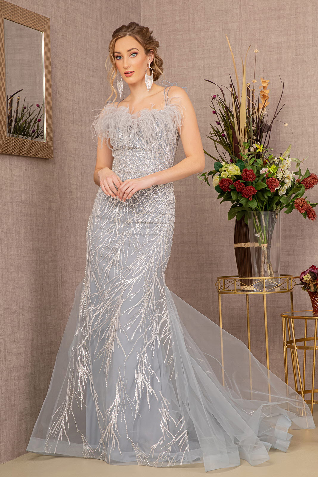 Sequin Sweetheart Mesh Trumpet w/ Feather Embellishment Long Prom Dress GLGL3117-4